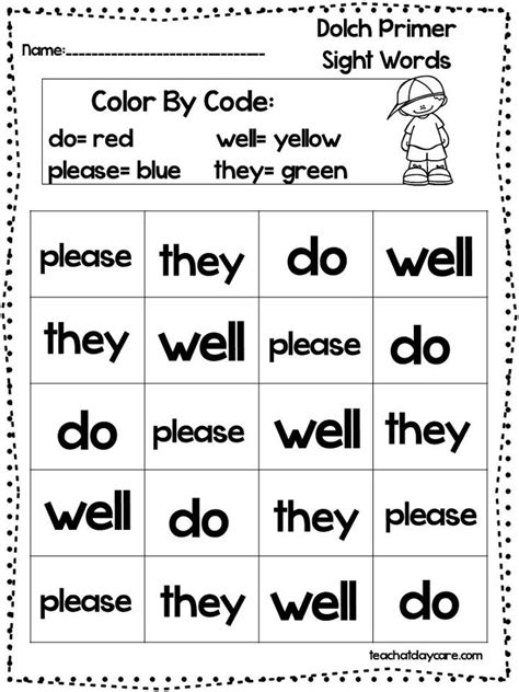 13 Printable Color The Dolch Primer Sight Words Worksheets