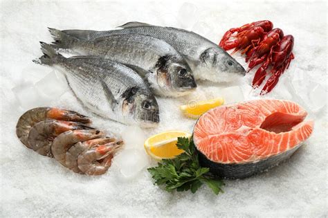Fresh Fish And Seafood On Ice Stock Photo Image Of Delicious Group