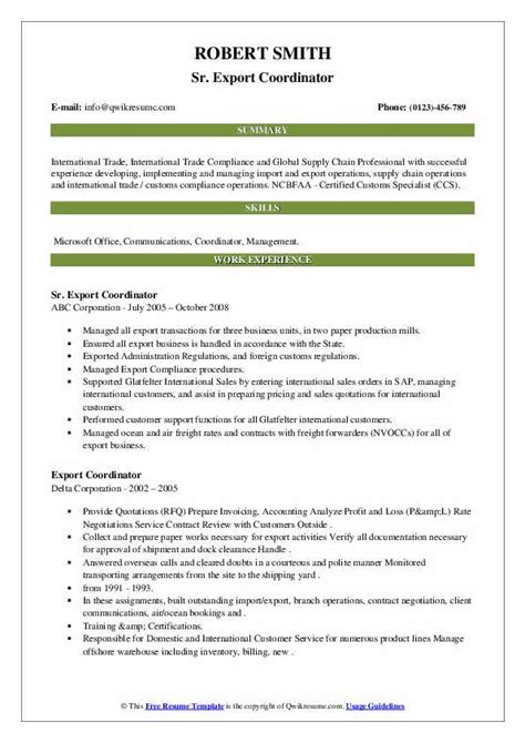 Import export coordinator resume sample. Export Coordinator Resume Samples | QwikResume