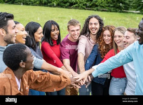 Multiracial People Joining Hands Together Happy Friends Peace And