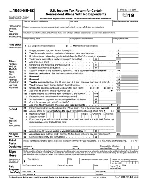 Form 1040nr Printable Pdf Sample