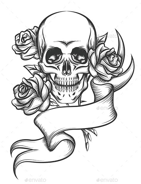 Although generally a ribbon tattoo represents charm and beauty, however, ribbon tattoos hold different significance for each of its wearers. Skull and Roses with Ribbon by Olena1983 | GraphicRiver