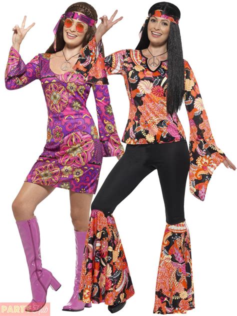 Womens Fancy Dress Retro Disco Groovy Hippy Costume Couples Hippie Fancy Dress 60s 70s Flower