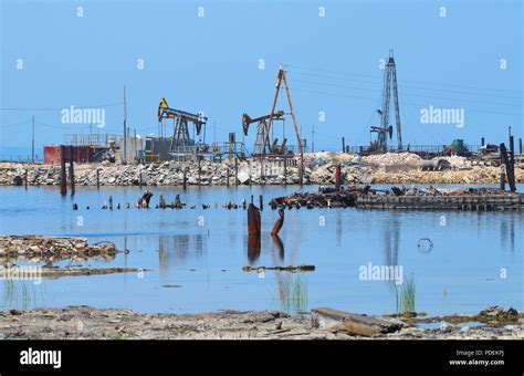 Oil Rigs In The Caspian Sea Absheron Peninsula Azerbaijan Stock Photo
