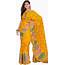 Yellow Sari With Printed Flowers And Kantha Embroidery