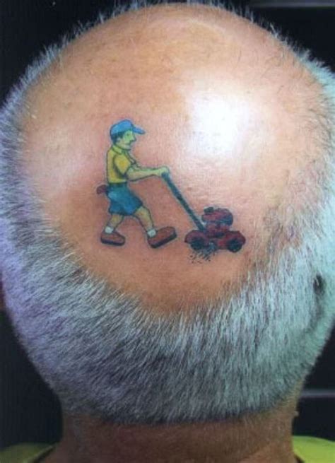 Z Man Mowing Bald Head Funny Tattoos Bald Tattoo Weird Tattoos