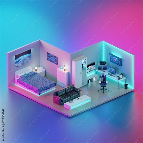 Gaming Room Design Interior Gamer House With Neon Light And Bedroom