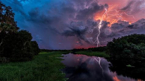 Lightning Reflected In Bayou Wallpaper Backiee