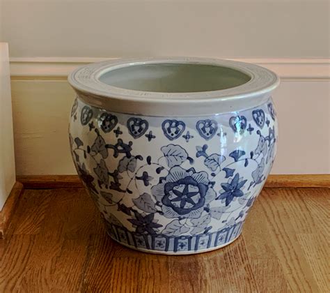Large Chinoiserie Planter Blue And White Vintage Asian Indoor Planter