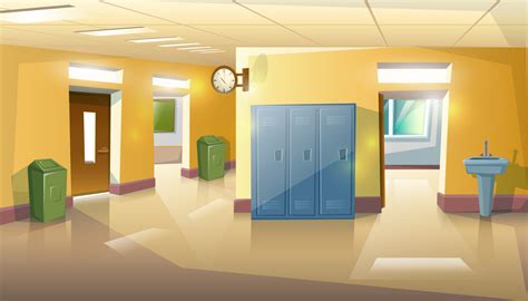 Vector Cartoon Style School Hallway With Open Doors Of Classes With