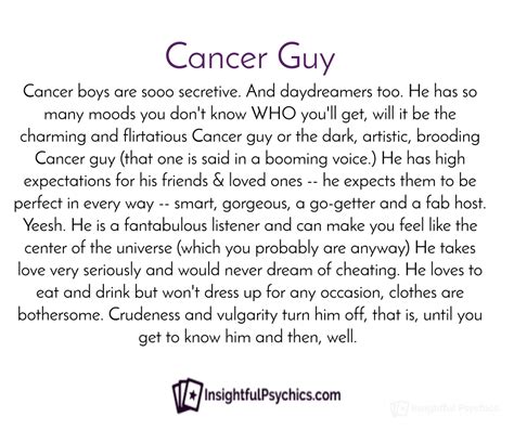 Perhaps you're trying to avoid hurting him by knowing what could potentially cause problems. Cancer Man - Sex, Attraction, And His Personality