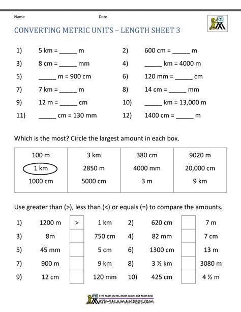 Printable Math Sheets Converting Metric Units