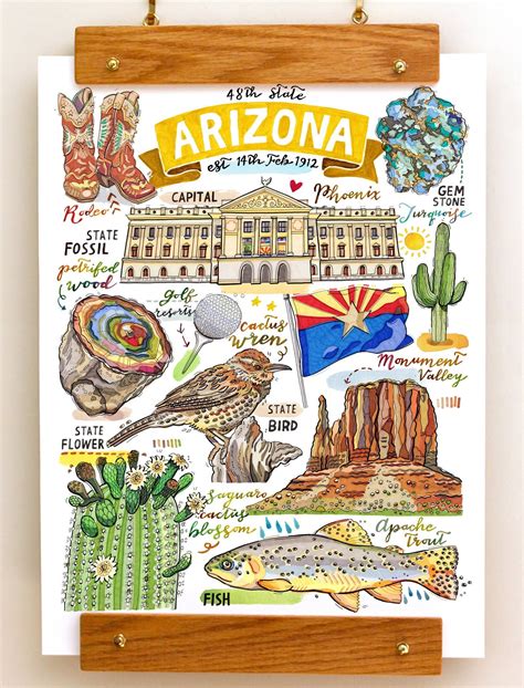 Arizona State Print Illustration State Symbols Etsy