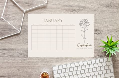 Blank Monthly Birth Flower Calendar Pdf Printable Horizontal Digital