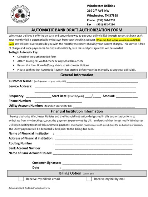 Fillable Online Automatic Bank Draft Authorization Form Fax Email Print