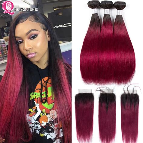 Cheap A Peruvian Straight Ombre B Burgundy Bundles With Closure Remy
