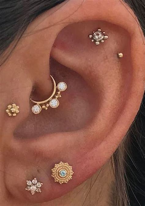 Cute Gold Multiple Ear Piercing Ideas For Daith Cartilage Helix Tragus Ear Piercings Tragus