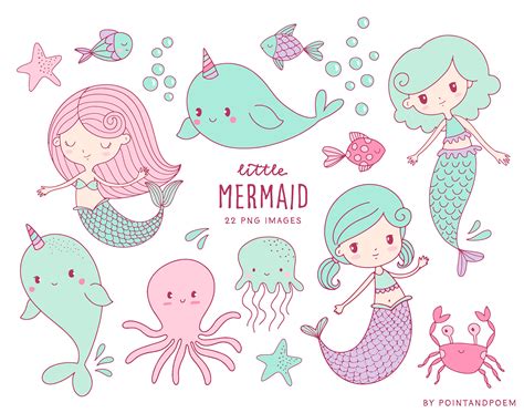 Mermaid Clipart Cute Mermaids And Sea Creatures Hand Drawn Etsy