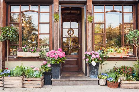 Flower Store Or Cafe Entrance Decorated With Flowers Rustic Style