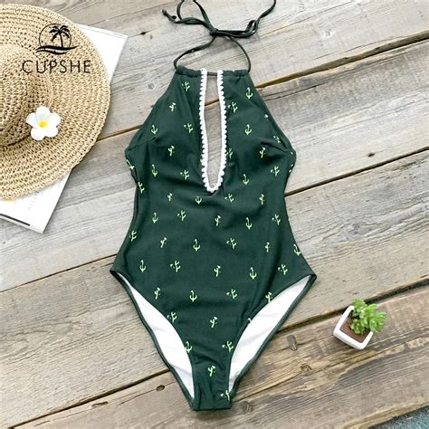 buy cupshe green cactus print halter one piece swimsuit women crochet cutout