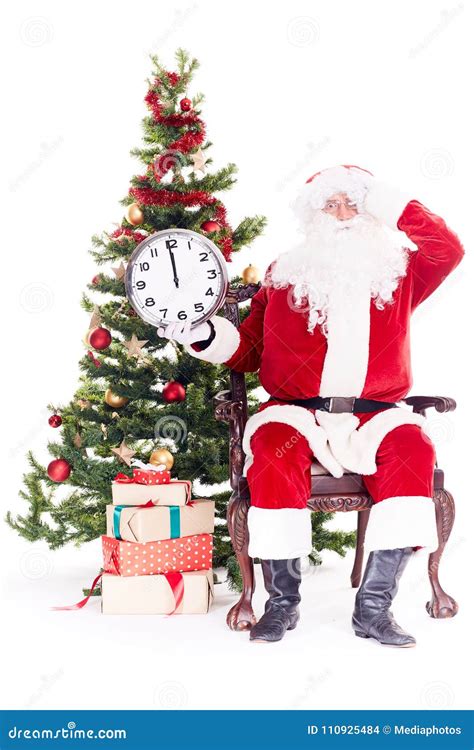 Santa Near Christmas Tree Stock Photo Image Of Holding 110925484