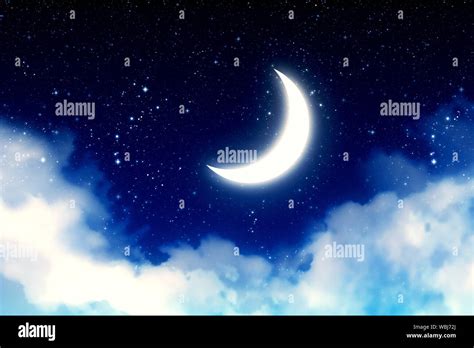 Fantasy Crescent Moon On Blue Starry Sky With Clouds Background Stock
