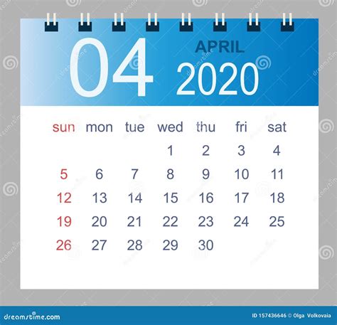 April 2020 Vector Monthly Calendar Template 2020 Year In Simple Style