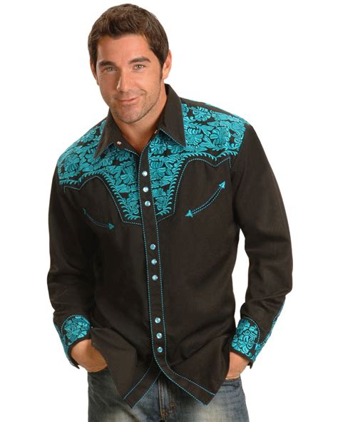 Sale Scully Mens Turquoise Gunfighter Embroidered Long Sleeve Western