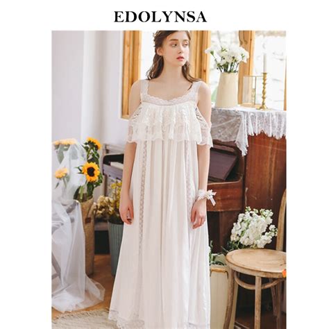 2019 Elegant Sleepwear Sexy Off The Shoulder White Lace Ruffed Retro Long Nightgown Women Home