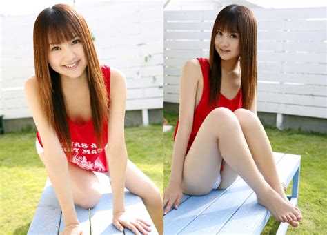 Hamada Shoko Highres 1girl Asian Barefoot Bench Breasts Brown Hair Cleavage Downblouse