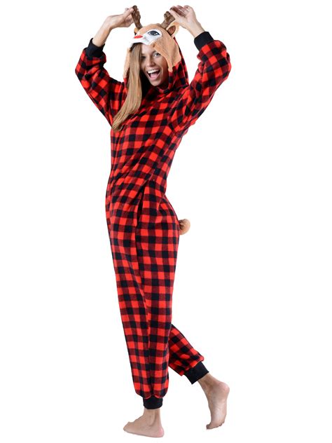 women red and black plaid pattern print hooded onesie pajamas loungewear adults onesie homewear