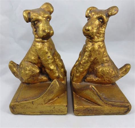 Vintage Wire Hair Fox Terrier Dog Bookends Gold Chalkware Smooth
