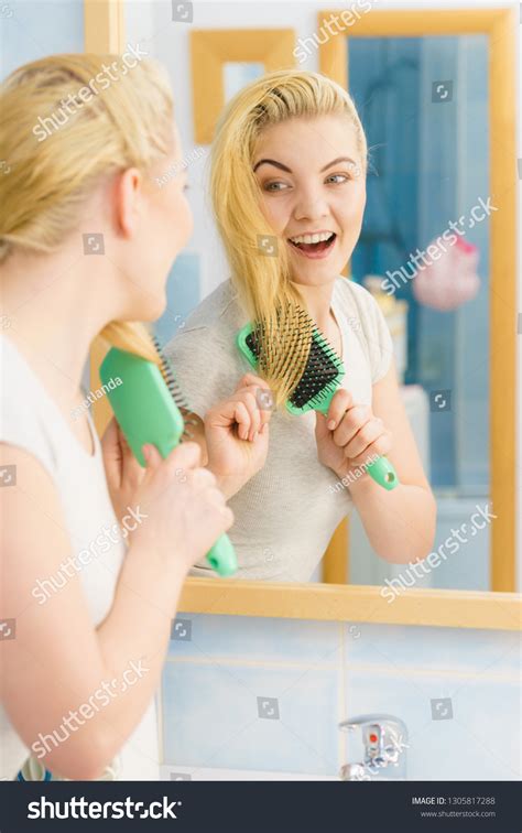 Happy Woman Combing Her Hair Brush Stock Photo 1305817288 Shutterstock