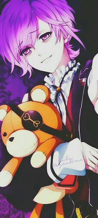 An Anime Character Holding A Teddy Bear With Purple Hair And Glasses On