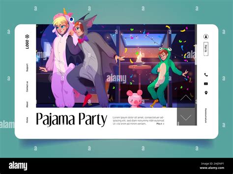 Pajama Party Banner With People In Kigurumi Dance On House Attic