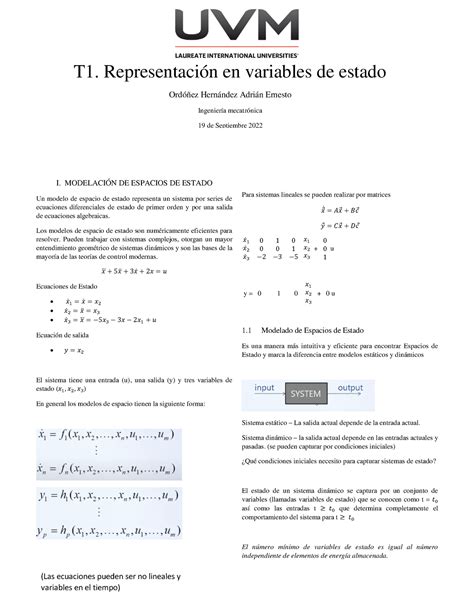 T1 Representación En Variables De Estado I ModelaciÓn De Espacios De