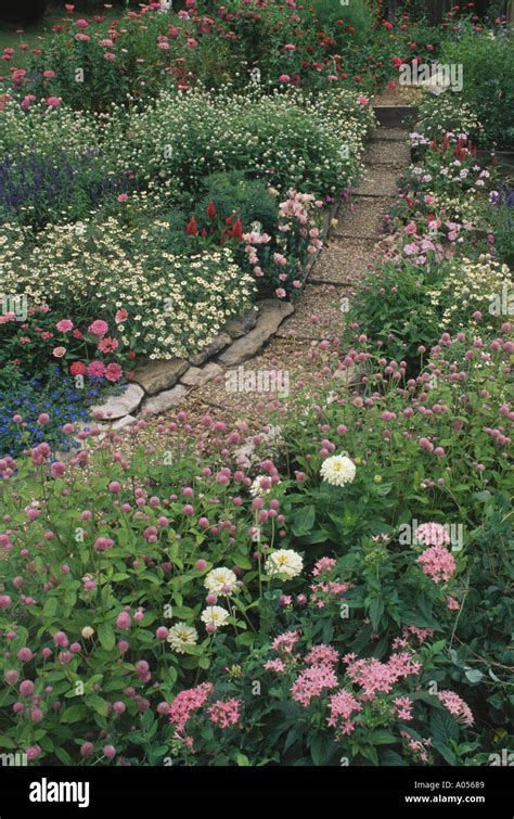 Cottage Garden Path In Pink And Pastel Flowers With Aggregate Stone