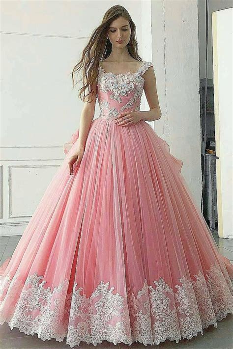 Pink Ball Gown Appliqued A Line Long Prom Dresspretty Quinceanera