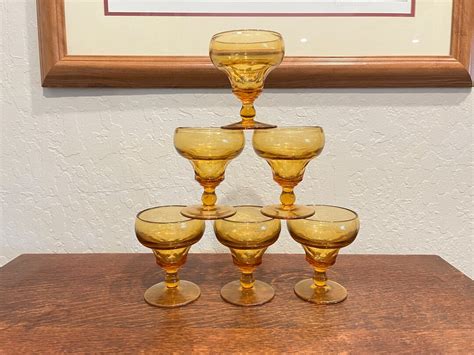 Vintage Set Of Six Amber Honeycomb Champagne Coup Sherbert Glasses Etsy