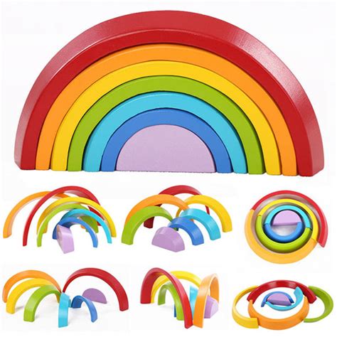 7 Colors Wooden Stacking Rainbow Shape Children Kids Educational Play