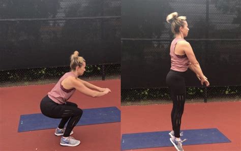 Two Photos Of A Woman Doing Squats On A Tennis Court