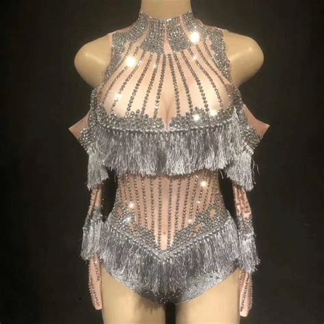 High Quality Nude Beading Off The Shoulder Tassel High Elasticity Bodysuits Nightclub Party