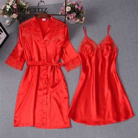 Mechcitiz 2019 Spring New Arrival Womens Robe Silk Bathrobe Nightdress Two Pieces Robe And Gown
