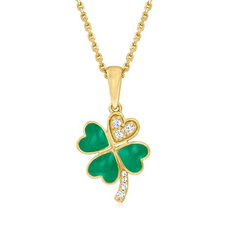 Green Enamel Four Leaf Clover Pendant Necklace With Diamond Accents In