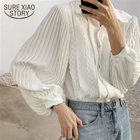 Fashion Lace Shirts Pleated Blouse Women Long Sleeve Blouses 2021 New