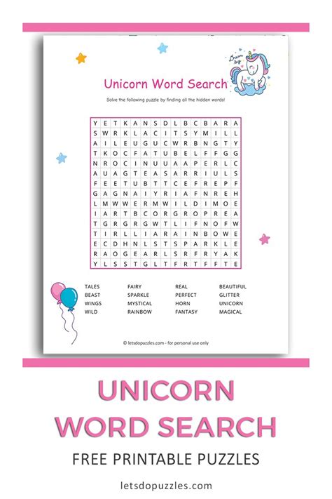 Unicorn Word Search Printable