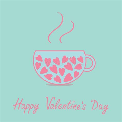 Love Teacup Hearts Happy Valentines Day Card Blue Pink Flat Design