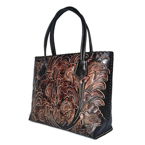 Womens Bag Tote Black Hand Tooled Leather Hand Etsy Tooled Leather