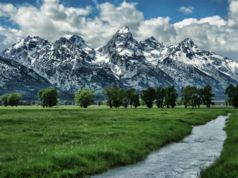 Landscape Rocky Mountains Snow Sky With White Cloud Mountain River