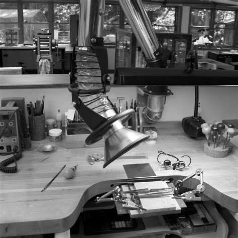Upper workshop, goldsmiths benches with ventilation arms | Workshop layout, Jewelry workshop ...